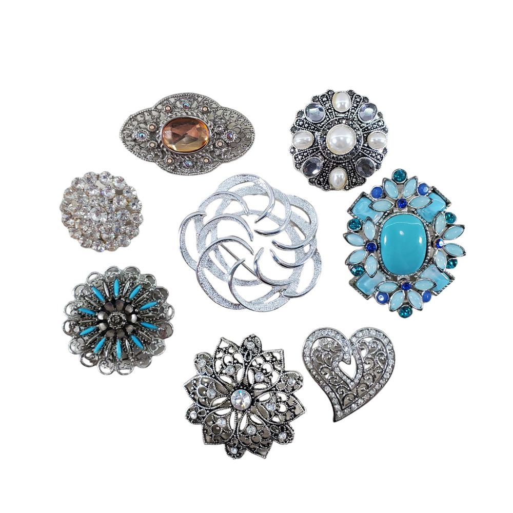 8 Brooch Lot Silver Tone Sarah Coventry Faux Pearl Rhinestone Pins Turquoise